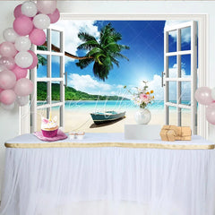 Lofaris Open Window Tropical Beach Photography Backdrop with Palm Trees Sunny Seascape Background for Studio Photoshoot and Decor