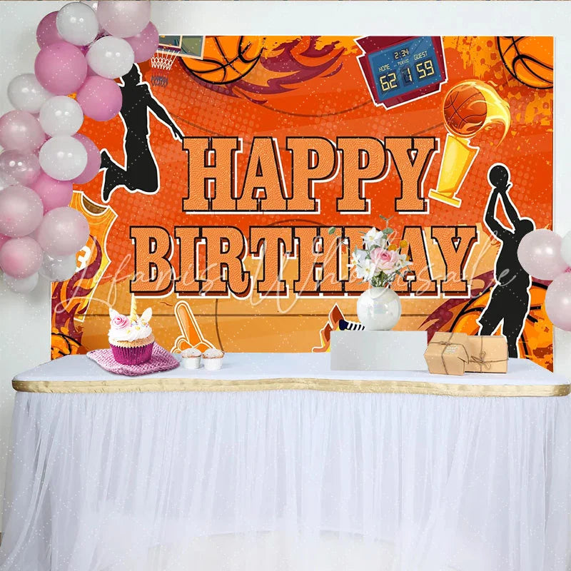 Lofaris Orange Basketball Happy Birthday Backdrop with Players and Hoop Sports Themed Party Background for Boys and Girls Photoshoot