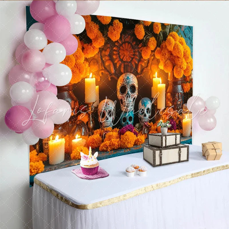 Lofaris Ornate Dia de los Muertos Backdrop with Sugar Skulls Marigold Flowers and Candles Festive Mexican Holiday Party Decor