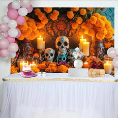 Lofaris Ornate Dia de los Muertos Backdrop with Sugar Skulls Marigold Flowers and Candles Festive Mexican Holiday Party Decor