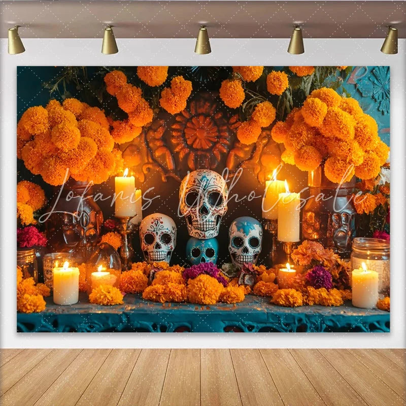 Lofaris Ornate Dia de los Muertos Backdrop with Sugar Skulls Marigold Flowers and Candles Festive Mexican Holiday Party Decor