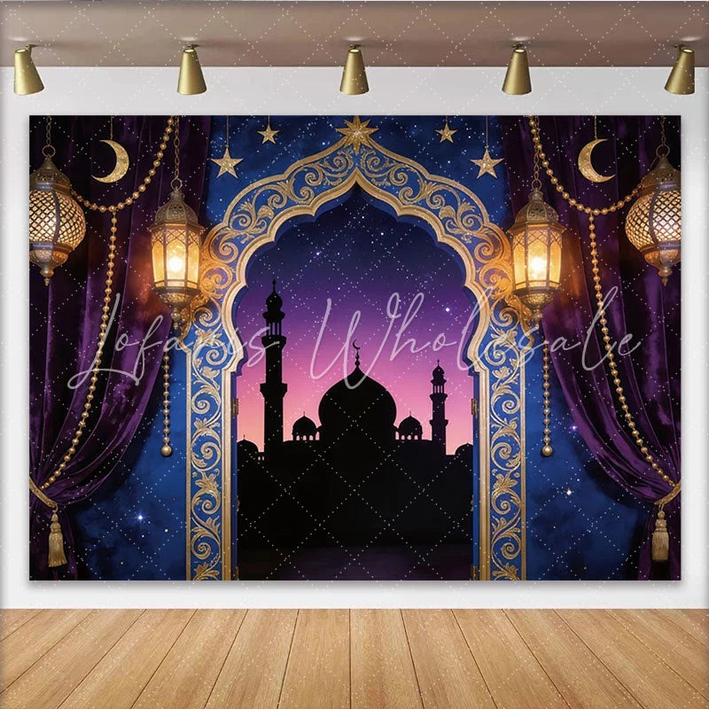 Lofaris Ornate Golden Arch Ramadan Holiday Backdrop with Purple Velvet Curtains and Lanterns Starry Night Mosque Background for Eid Party