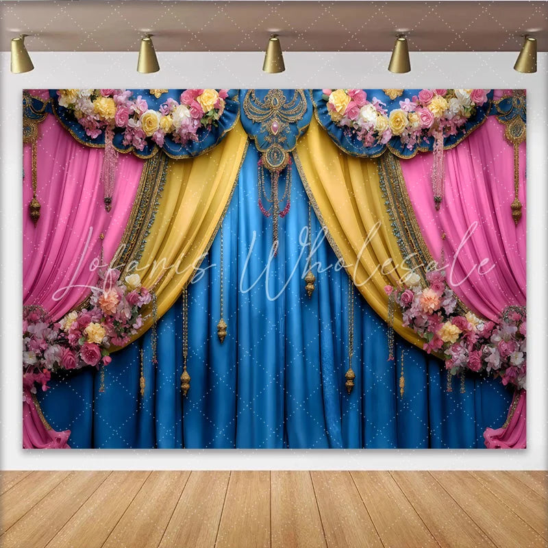 Lofaris Ornate Jewelry Stage Backdrop Blue and Pink Theater Curtains Luxury Gala Party Banner