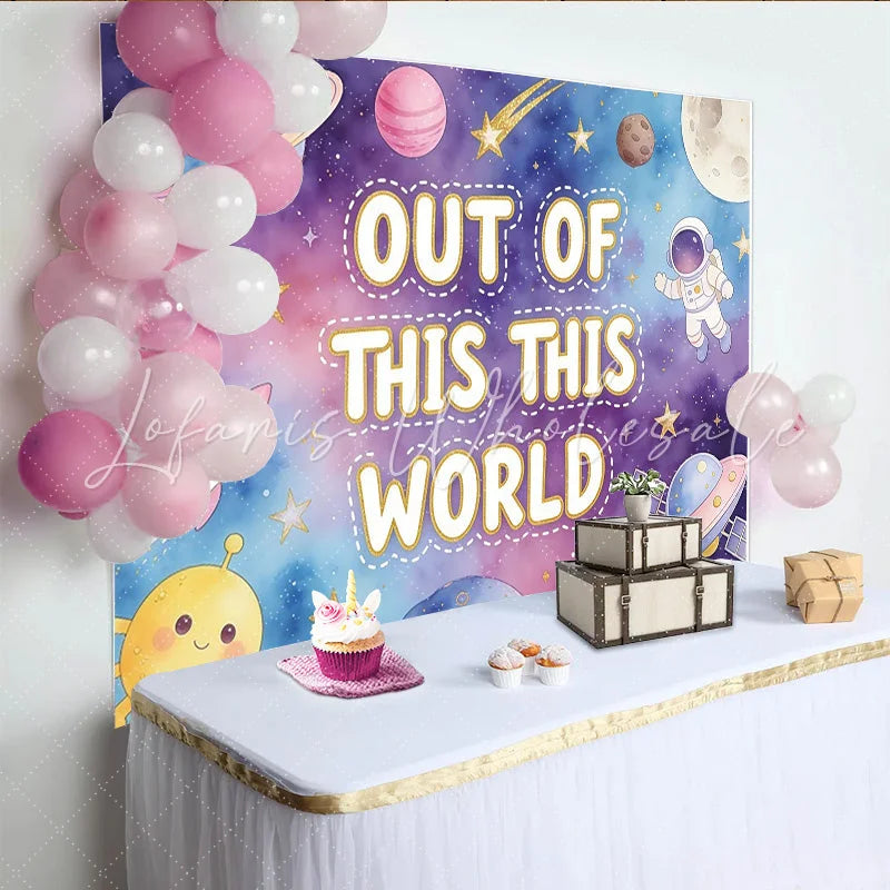 Lofaris Out of This World Cartoon Space Birthday Backdrop with Astronaut and Planets Galaxy Photography Background for Kids Party