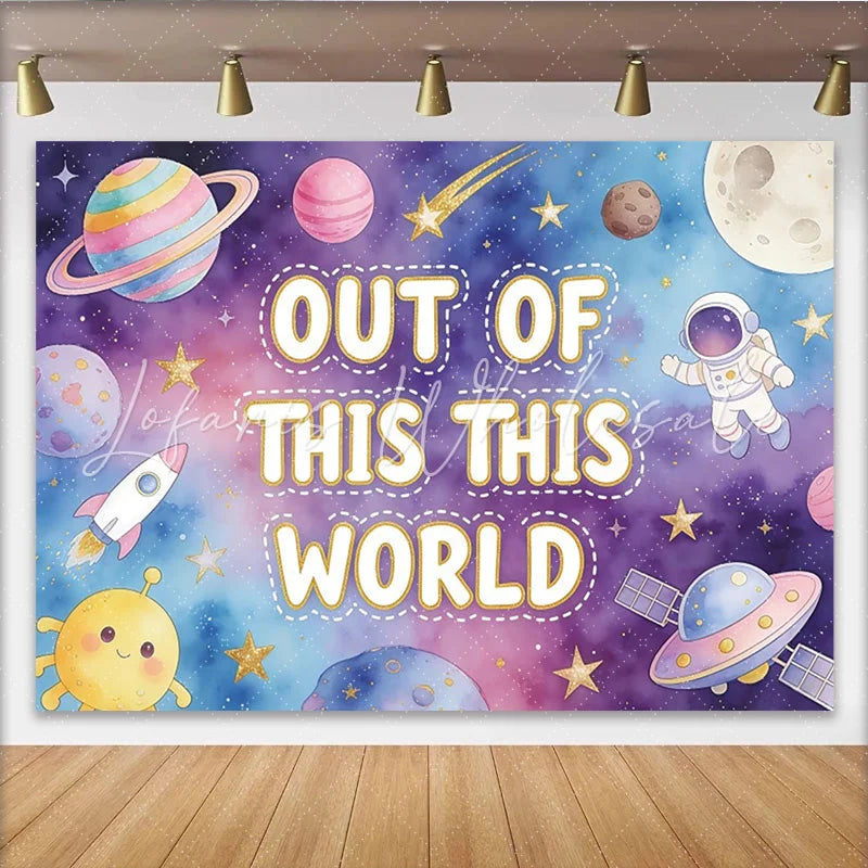 Lofaris Out of This World Cartoon Space Birthday Backdrop with Astronaut and Planets Galaxy Photography Background for Kids Party