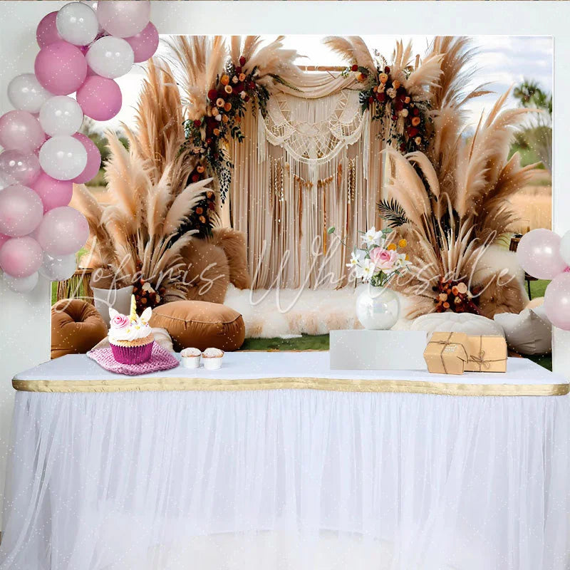 Lofaris Outdoor Boho Wedding Backdrop Dreamcatcher and Pampa Grass Arch with Cushions