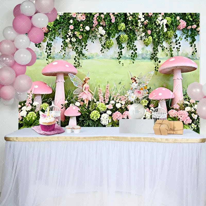Lofaris Painted Meadow Fairy and Pink Mushroom Spring Backdrop Enchanted Forest Girls Birthday Background