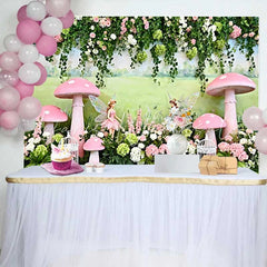 Lofaris Painted Meadow Fairy and Pink Mushroom Spring Backdrop Enchanted Forest Girls Birthday Background