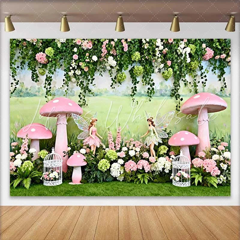 Lofaris Painted Meadow Fairy and Pink Mushroom Spring Backdrop Enchanted Forest Girls Birthday Background