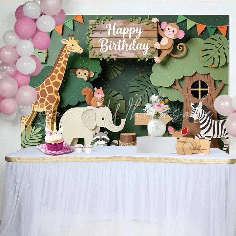 Lofaris Paper Cut Jungle Animal Happy Birthday Backdrop with Giraffe and Monkey Safari Theme Background for Kids Party Decor