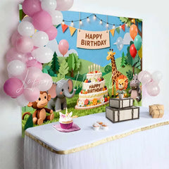 Lofaris Paper Cut Jungle Safari Animals Birthday Backdrop with Happy Birthday Cake Wild One Theme Party Decor