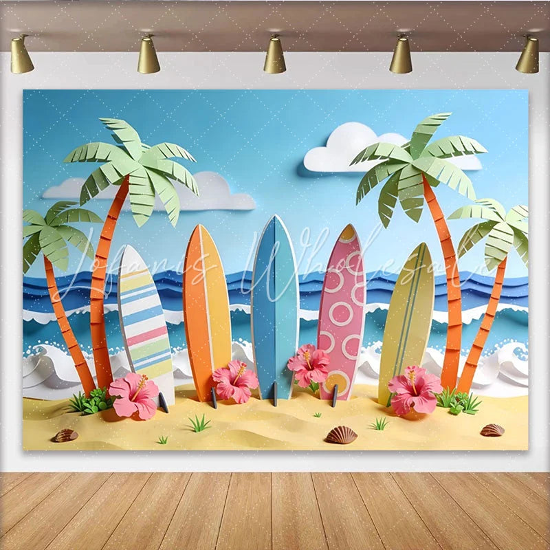 Lofaris Paper Cut Surf Beach Photography Backdrop with Palm Trees and Ocean Waves Summer Tropical Photo Background for Party Decor