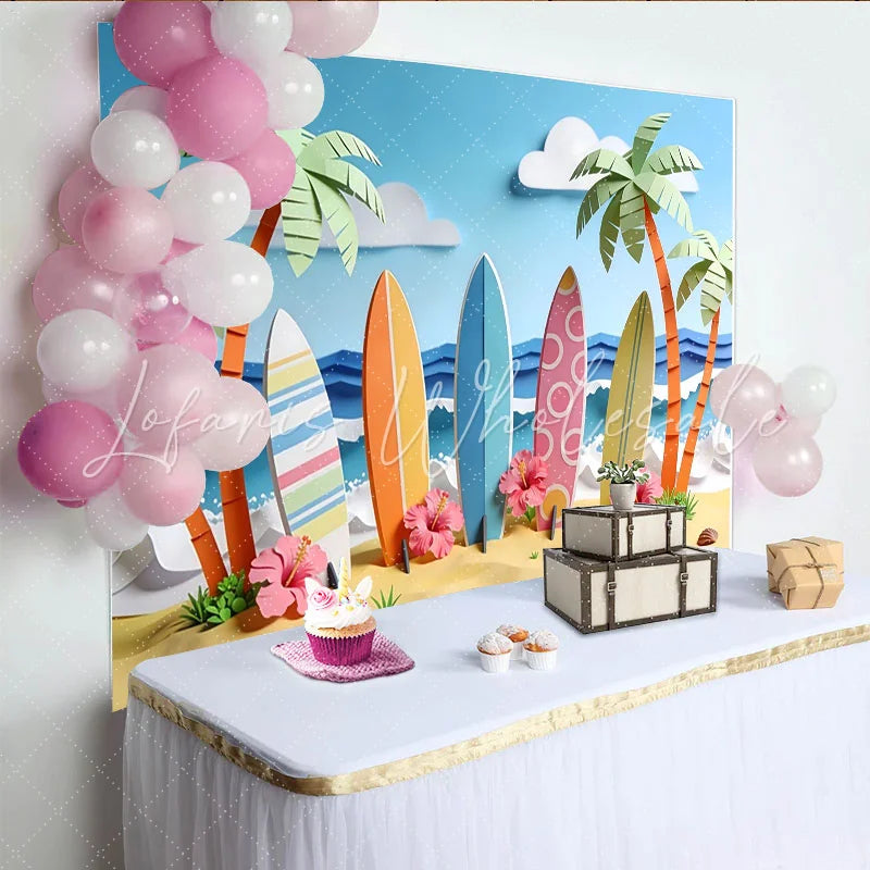 Lofaris Paper Cut Surf Beach Photography Backdrop with Palm Trees and Ocean Waves Summer Tropical Photo Background for Party Decor
