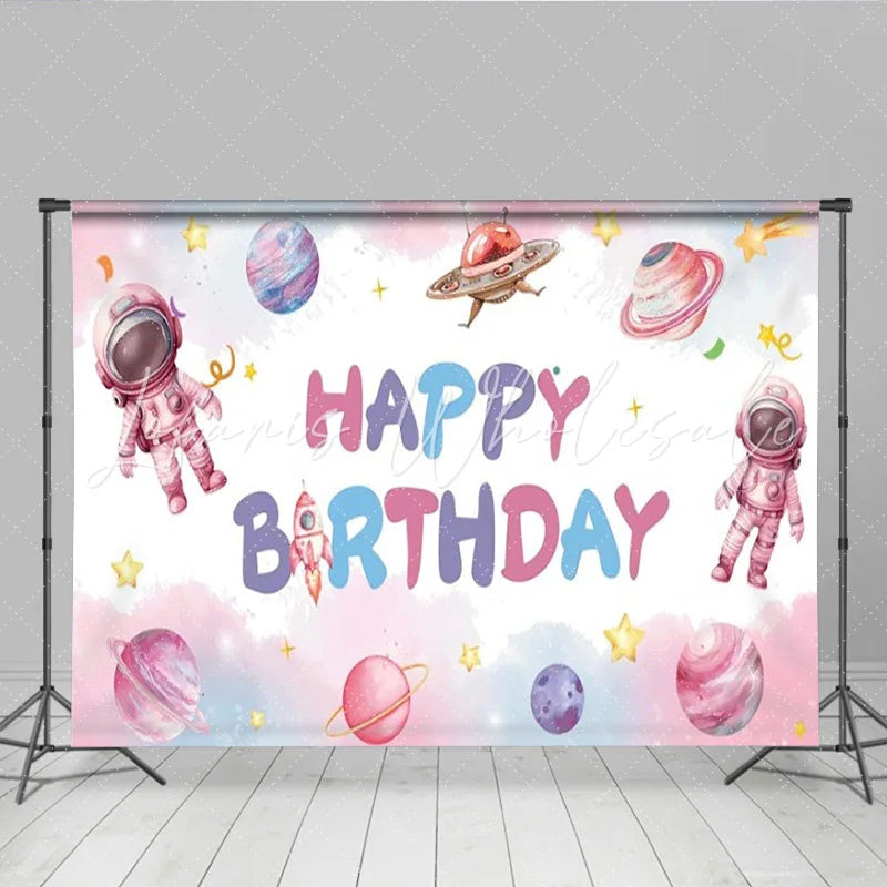 Lofaris Pastel Astronaut Space Happy Birthday Backdrop Watercolor Galaxy Planets Party Decoration