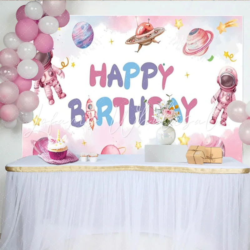 Lofaris Pastel Astronaut Space Happy Birthday Backdrop Watercolor Galaxy Planets Party Decoration
