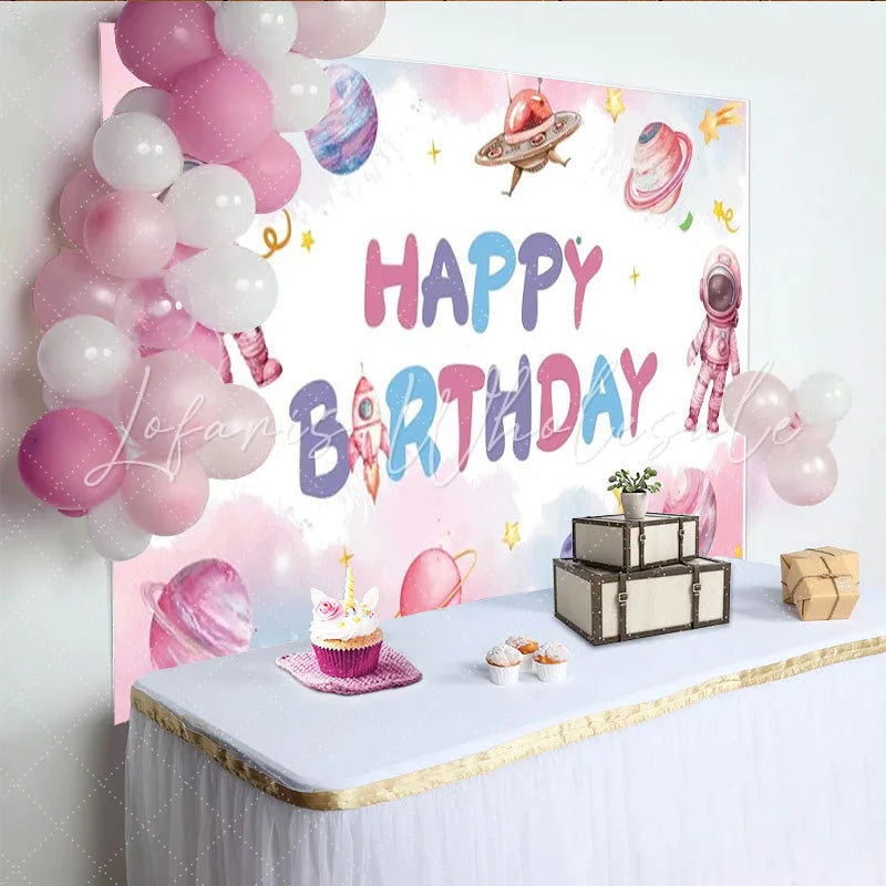 Lofaris Pastel Astronaut Space Happy Birthday Backdrop Watercolor Galaxy Planets Party Decoration