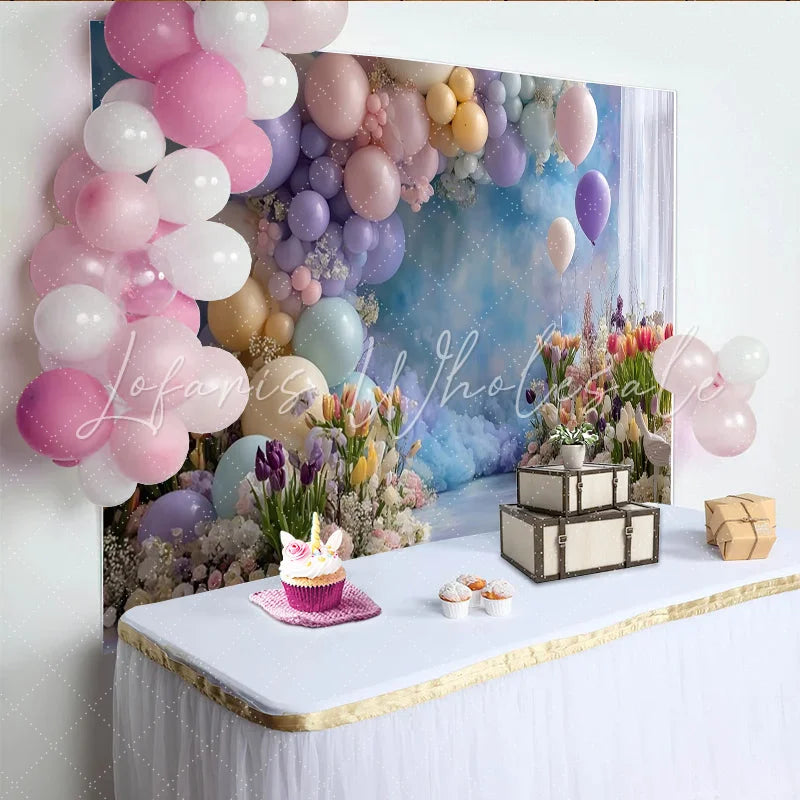 Lofaris Pastel Balloon and Tulip Photography Backdrop with Clouds Dreamy Floral Background for Studio Portrait
