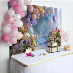 Lofaris Pastel Balloon and Tulip Photography Backdrop with Clouds Dreamy Floral Background for Studio Portrait