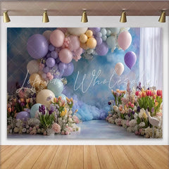 Lofaris Pastel Balloon and Tulip Photography Backdrop with Clouds Dreamy Floral Background for Studio Portrait