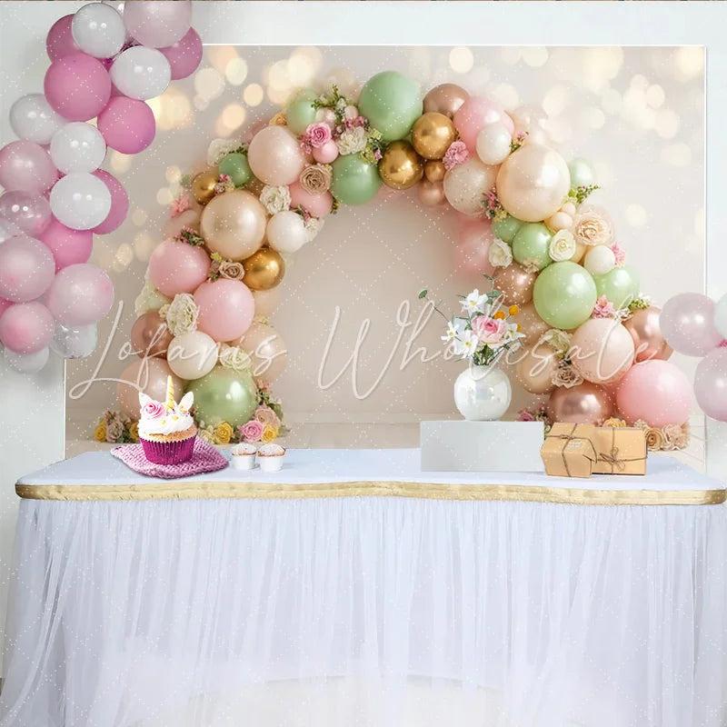 Lofaris Pastel Balloon Arch Photography Backdrop with Floral Accents Elegant Party Decor for Professional Studio Photoshoot