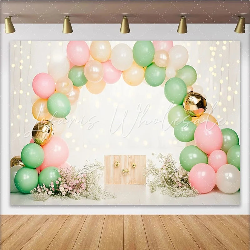 Lofaris Pastel Balloon Arch Photography Backdrop with Flowers Elegant Floral Background for Studio Portrait