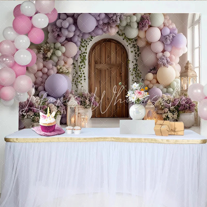 Lofaris Pastel Balloon Arch Photography Backdrop with Wooden Door and Floral Decor Elegant Studio Background for Party Photoshoot
