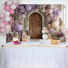 Lofaris Pastel Balloon Arch Photography Backdrop with Wooden Door and Floral Decor Elegant Studio Background for Party Photoshoot