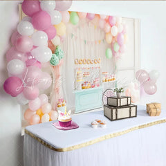 Lofaris Pastel Balloon Birthday Backdrop with Dessert Cart and Bunting Banner Sweet Party Decoration for Studio Photoshoot