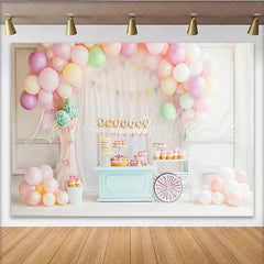Lofaris Pastel Balloon Birthday Backdrop with Dessert Cart and Bunting Banner Sweet Party Decoration for Studio Photoshoot