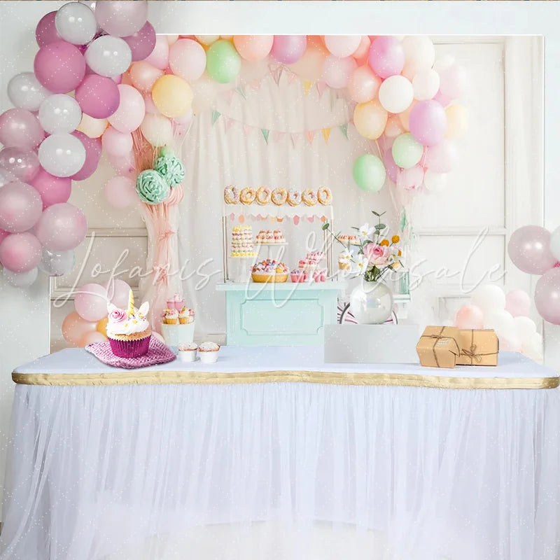 Lofaris Pastel Balloon Birthday Backdrop with Dessert Cart and Bunting Banner Sweet Party Decoration for Studio Photoshoot