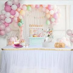 Lofaris Pastel Balloon Birthday Backdrop with Dessert Cart and Bunting Banner Sweet Party Decoration for Studio Photoshoot