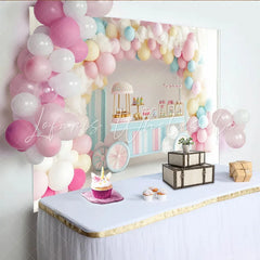 Lofaris Pastel Balloon Birthday Backdrop with Fluffy Clouds and Candy Cart Sweet Shop Party Decor for Girls Photoshoot