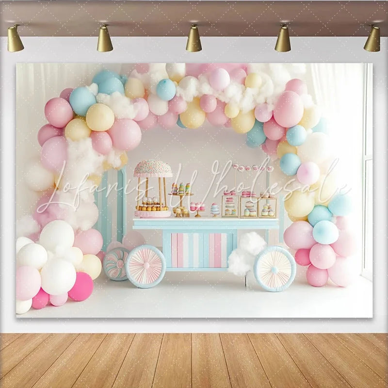 Lofaris Pastel Balloon Birthday Backdrop with Fluffy Clouds and Candy Cart Sweet Shop Party Decor for Girls Photoshoot