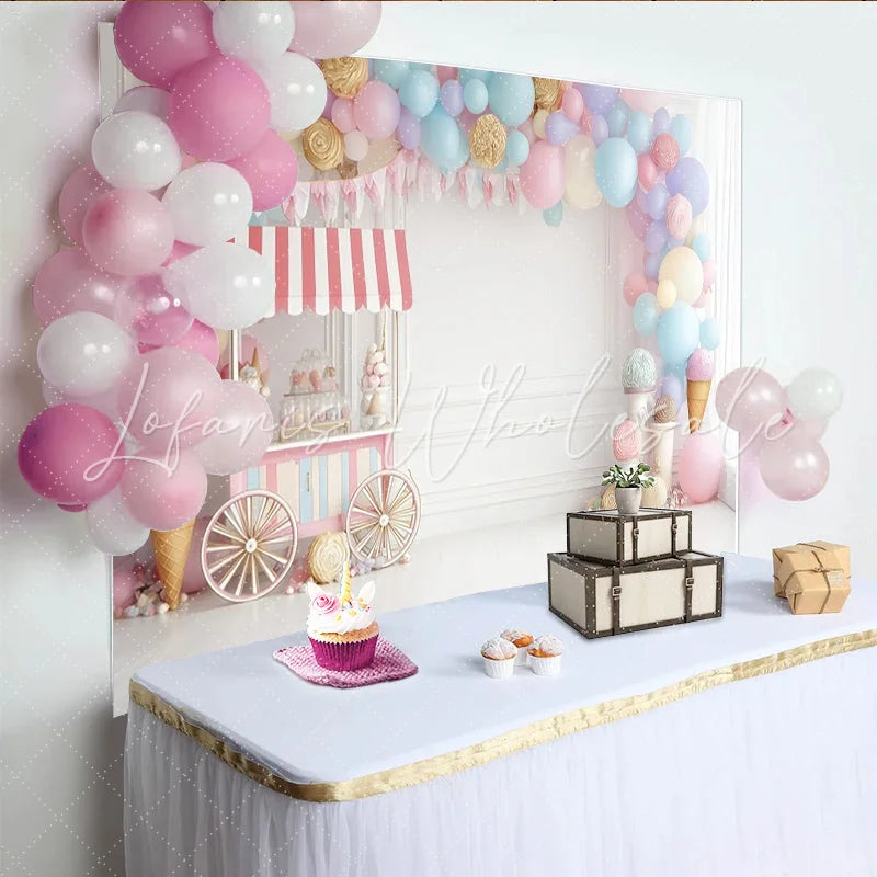 Lofaris Pastel Balloon Candy Cart Birthday Backdrop with Sweet Shop Theme and Bunting Photography Background for Kids Party Decor