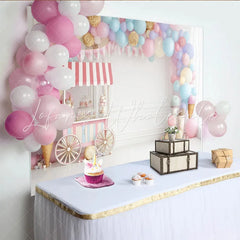 Lofaris Pastel Balloon Candy Cart Birthday Backdrop with Sweet Shop Theme and Bunting Photography Background for Kids Party Decor