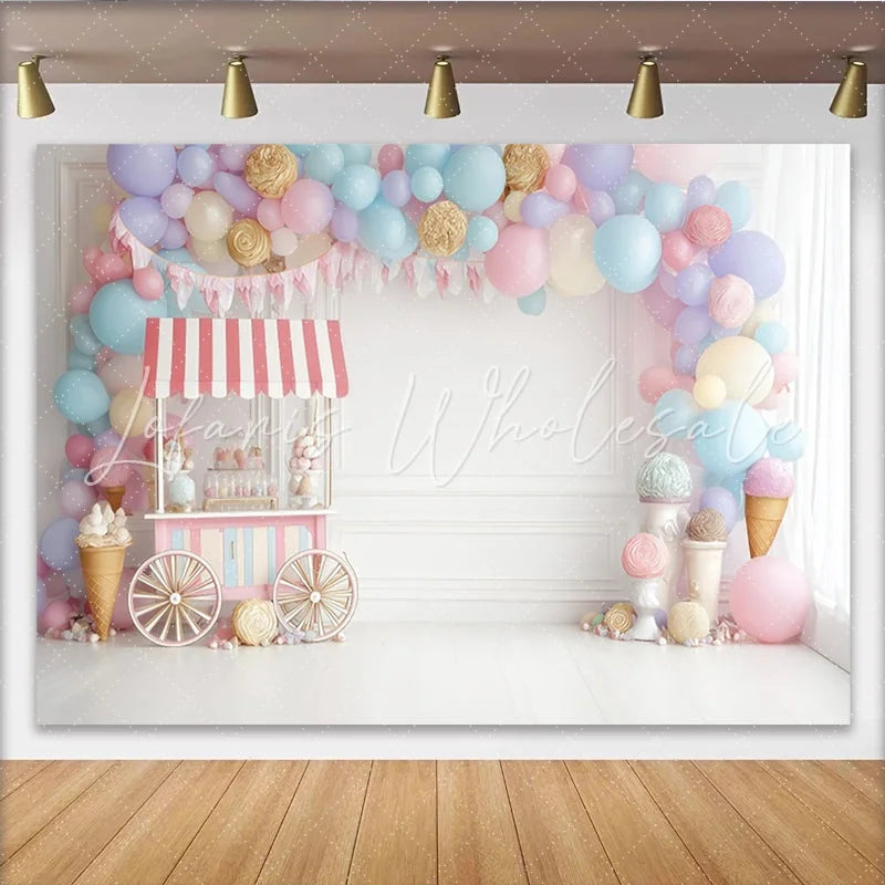 Lofaris Pastel Balloon Candy Cart Birthday Backdrop with Sweet Shop Theme and Bunting Photography Background for Kids Party Decor