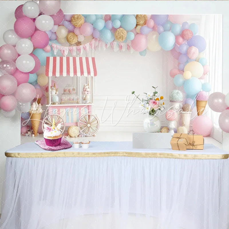 Lofaris Pastel Balloon Candy Cart Birthday Backdrop with Sweet Shop Theme and Bunting Photography Background for Kids Party Decor