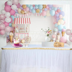Lofaris Pastel Balloon Candy Cart Birthday Backdrop with Sweet Shop Theme and Bunting Photography Background for Kids Party Decor