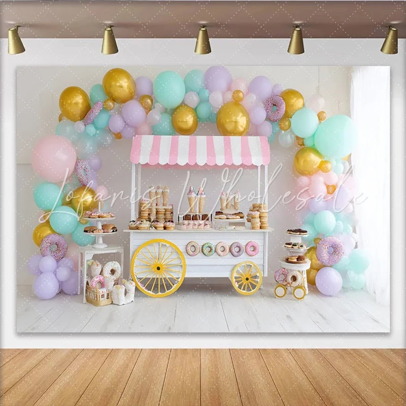 Lofaris Pastel Balloon Dessert Cart Birthday Backdrop for Girls Colorful Donut Party Decor for Studio Photography