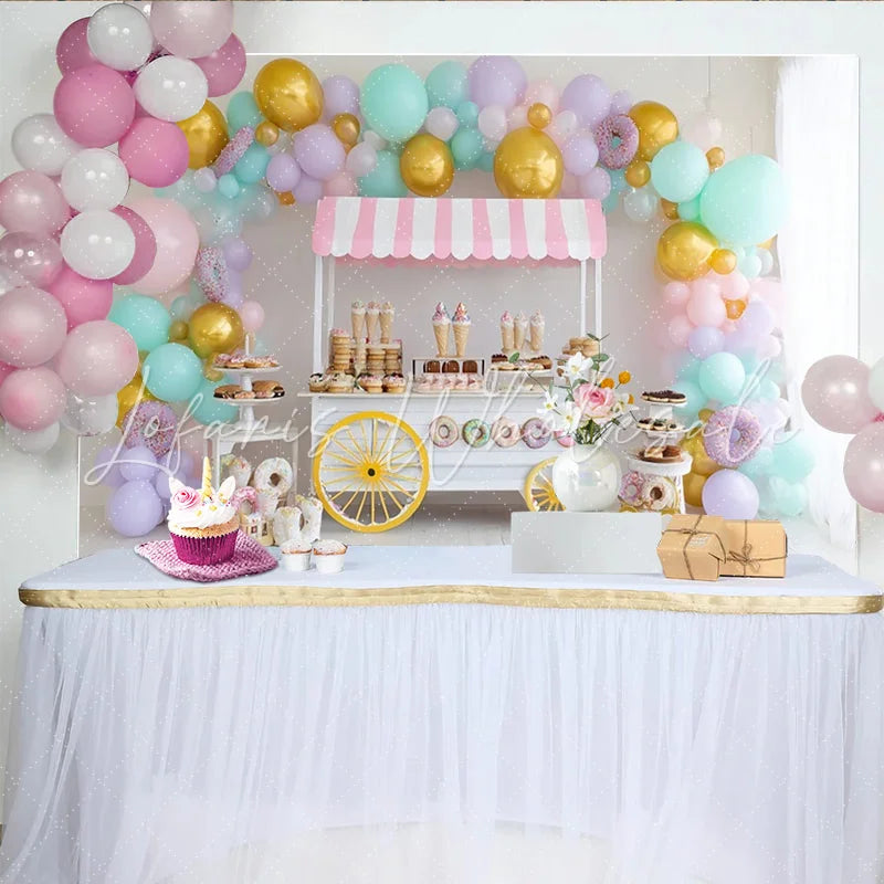 Lofaris Pastel Balloon Dessert Cart Birthday Backdrop for Girls Colorful Donut Party Decor for Studio Photography