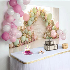 Lofaris Pastel Balloon Floral Arch Birthday Backdrop Wooden Wall Photography Background for Baby Shower Party Decor