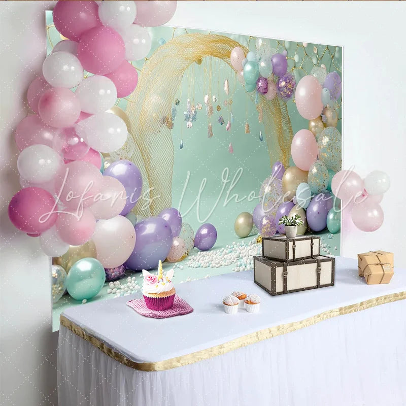 Lofaris Pastel Balloon Photography Backdrop with Golden Arch Dreamy Party Decor for Studio Photoshoot