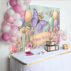 Lofaris Pastel Butterfly Crown Birthday Backdrop Balloon Gift Box Party Background Girl Princess Cake Smash Prop