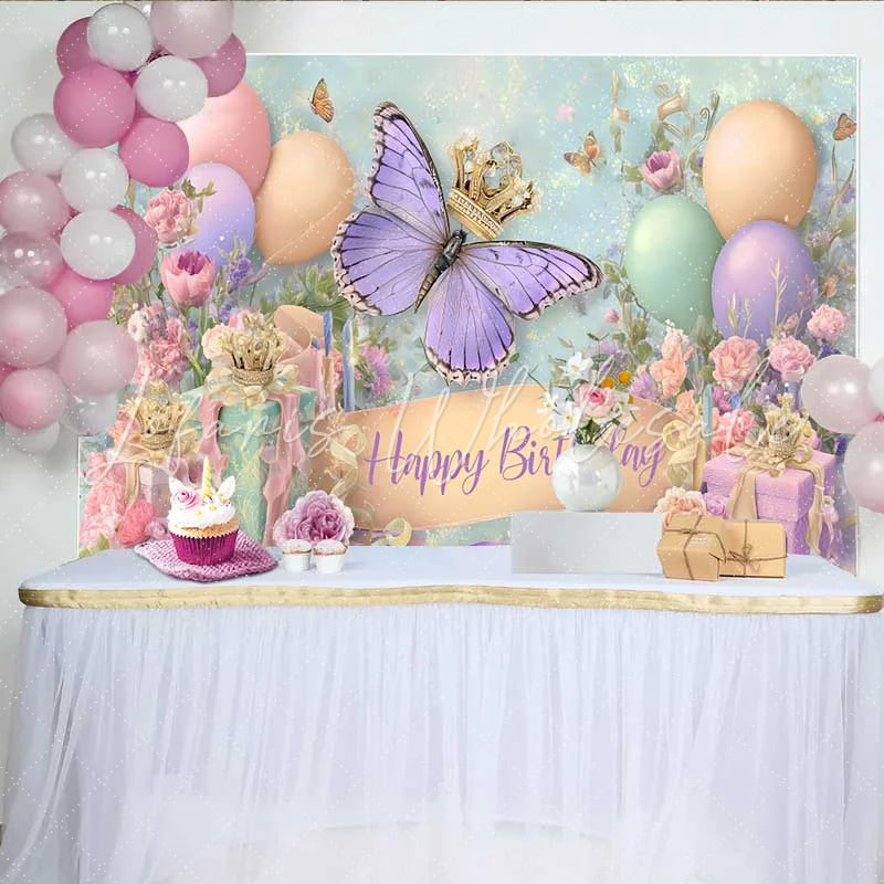 Lofaris Pastel Butterfly Crown Birthday Backdrop Balloon Gift Box Party Background Girl Princess Cake Smash Prop