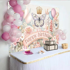 Lofaris Pastel Butterfly Floral Birthday Backdrop Gold Crown Spring Garden Background Girl Party Photography Prop