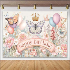 Lofaris Pastel Butterfly Floral Birthday Backdrop Gold Crown Spring Garden Background Girl Party Photography Prop