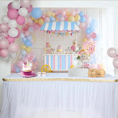 Lofaris Pastel Candy Cart Birthday Backdrop with Balloons and Lollipops Sweet Shop Photography Background for Kids Party Decor