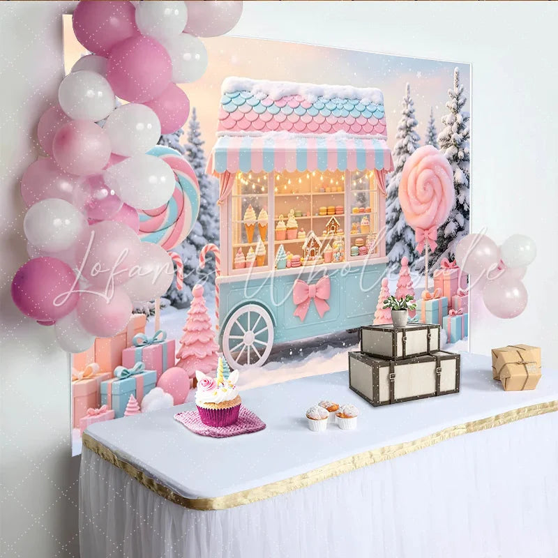 Lofaris Pastel Candy Cart Christmas Backdrop with Snowy Winter Scene Festive Sweet Shop Background for Holiday Party Decor
