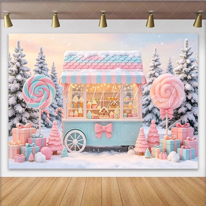Lofaris Pastel Candy Cart Christmas Backdrop with Snowy Winter Scene Festive Sweet Shop Background for Holiday Party Decor