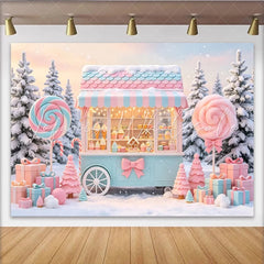 Lofaris Pastel Candy Cart Christmas Backdrop with Snowy Winter Scene Festive Sweet Shop Background for Holiday Party Decor